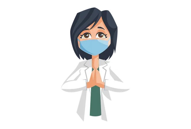 Female doctor wearing face mask welcoming with Namaste Hand Gesture Illustration