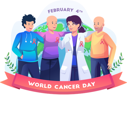 Female doctor with cancer patients celebrate world cancer day Illustration