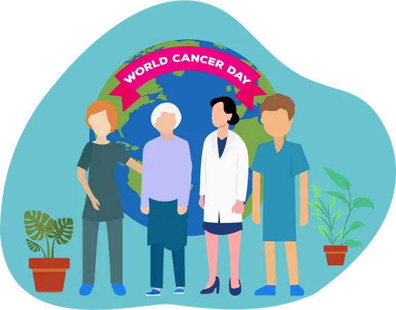 Female doctor with cancer patients celebrate world cancer day Illustration