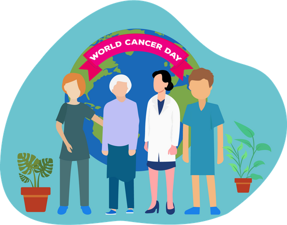 Female doctor with cancer patients celebrate world cancer day  Illustration