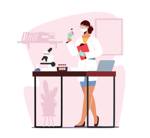 Female Doctor Working In Laboratory Examining Blood Test For Covid19 Illustration