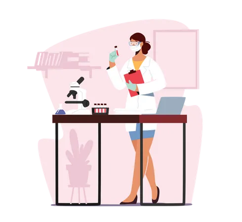 Female Doctor Working In Laboratory Examining Blood Test For Covid19  Illustration