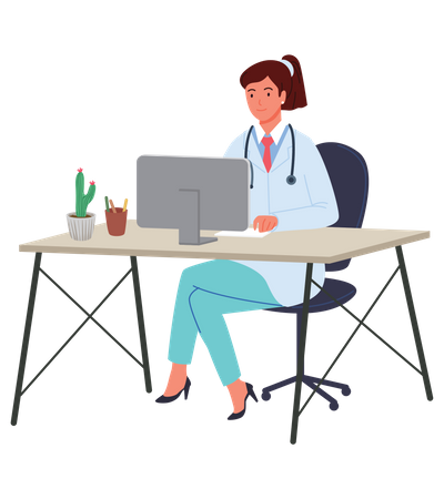 Female Doctor working on computer  Illustration