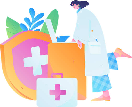 Female doctor working on laptop for medical insurance  Illustration