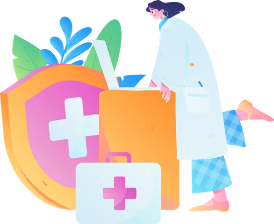 Female doctor working on laptop for medical insurance  Illustration