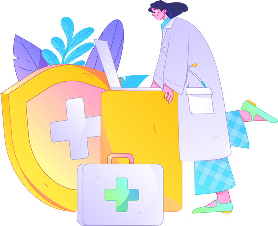 Female doctor working on laptop for medical insurance  Illustration