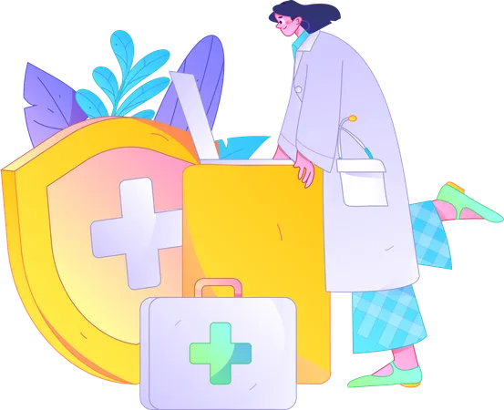 Female doctor working on laptop for medical insurance  Illustration