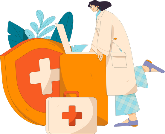 Female doctor working on laptop for medical insurance  Illustration