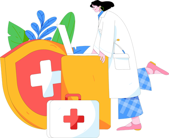 Female doctor working on laptop for medical insurance  Illustration