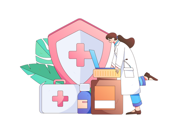 Female doctor working on laptop for medical safety  Illustration