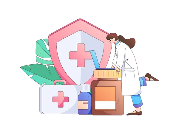 Female doctor working on laptop for medical safety  Illustration