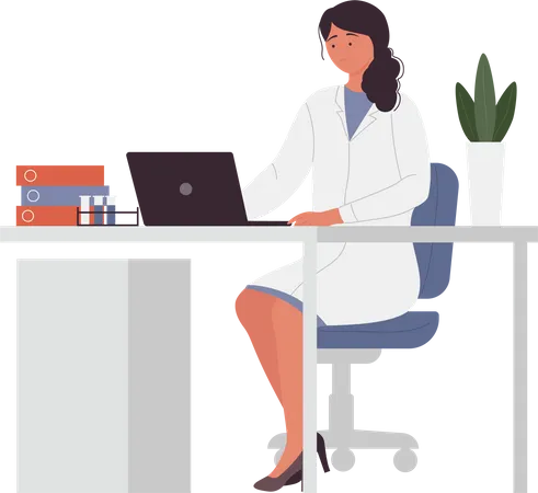 Female doctor working on laptop  Illustration