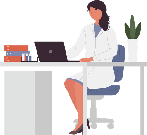 Female doctor working on laptop  Illustration
