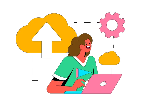 Female doing cloud uploading on laptop  Illustration