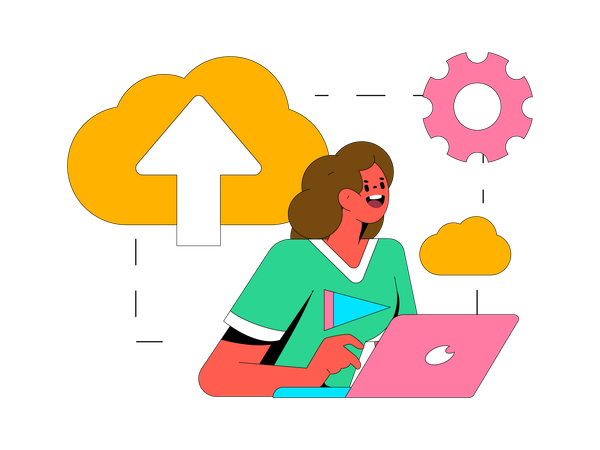 Female doing cloud uploading on laptop  Illustration