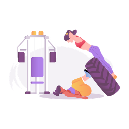 Female doing exercise with gym trainer  Illustration