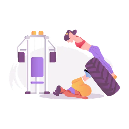 Female doing exercise with gym trainer  Illustration