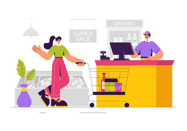 Female Doing Grocery Shopping  Illustration