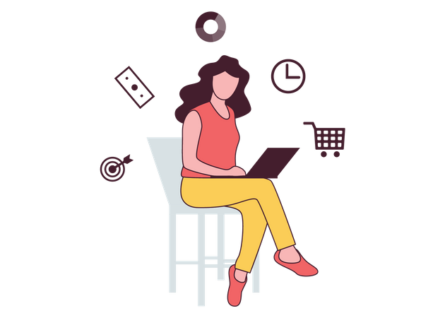 Female doing online shopping using laptop  Illustration