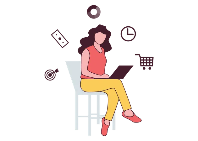 Female doing online shopping using laptop  Illustration