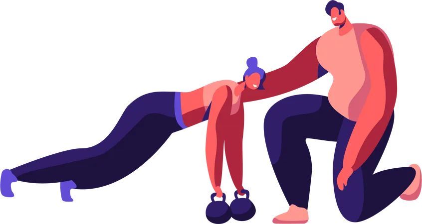 Female Doing Push Up on Kettlebell with Male Trainer  Illustration