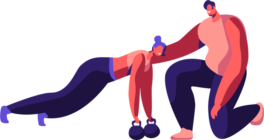 Female Doing Push Up on Kettlebell with Male Trainer  Illustration