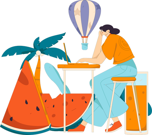 Female doing remote work on vacation  Illustration