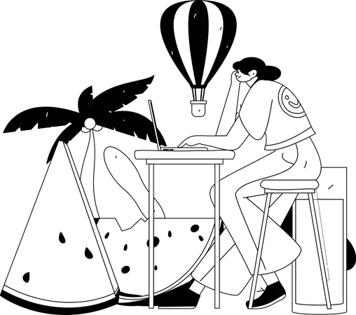 Female doing remote work on vacation  Illustration