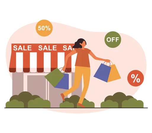 Female doing shopping at discount store Illustration