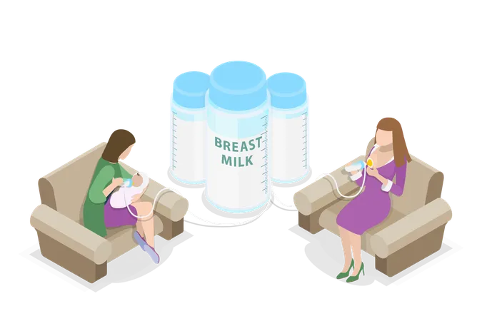 3 D Isometric Flat Vector Conceptual Illustration Of Breast Milk Donation Female Donor Is Collecting Milk With Pump Illustration