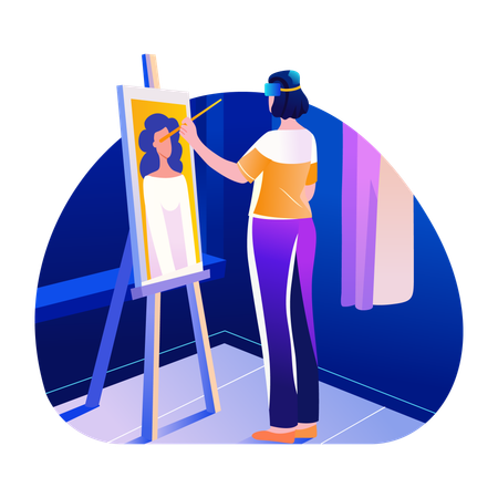 Female drawing on canvas using vr painting technology  Illustration
