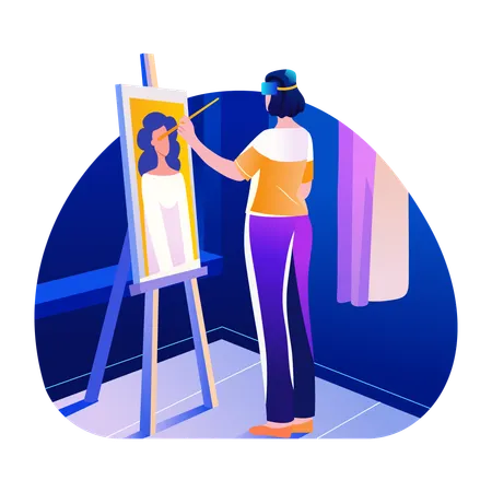 Female drawing on canvas using vr painting technology  Illustration