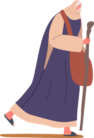 Female Dressed In Traditional Clothing with Covered Head Carries Bag Illustration