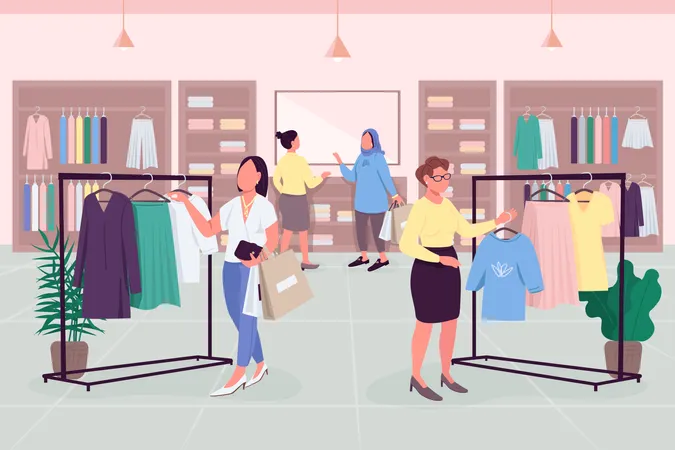 Female Drive Flat Color Vector Illustration Shopping Habits Ready To Wear Boutique Following Fashion Trends 2 D Cartoon Faceless Characters With Clothes Emporium Interior On Background Illustration