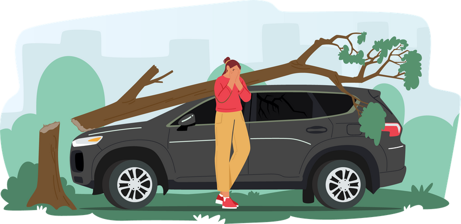 Female driver crying near broken car  Illustration