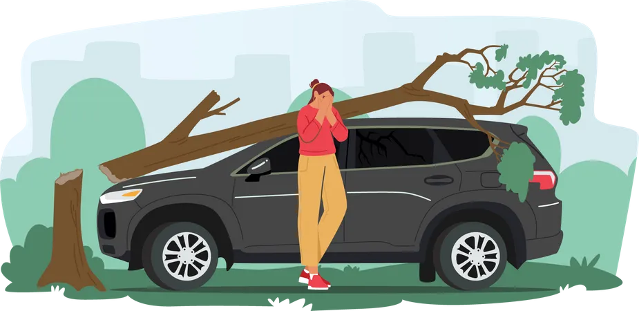 Female driver crying near broken car  Illustration