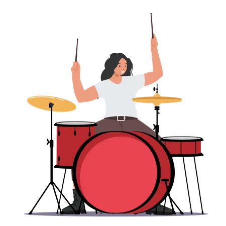 Female Drummer Playing At Concert Illustration