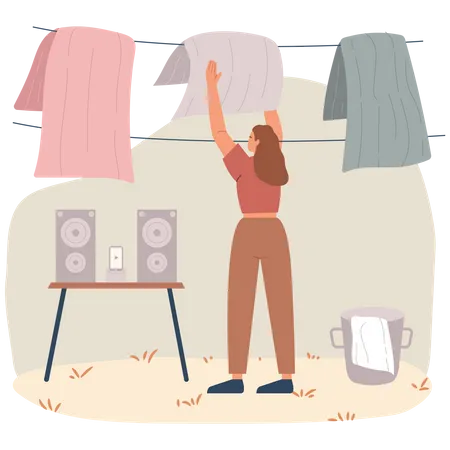 Young Woman Taking Clothes From Bucket Hanging Wet Clothes Out To Dry Concept Vector Flat Illustration Illustration