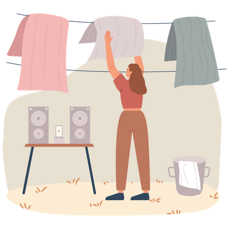 Female drying wet clothes  Illustration