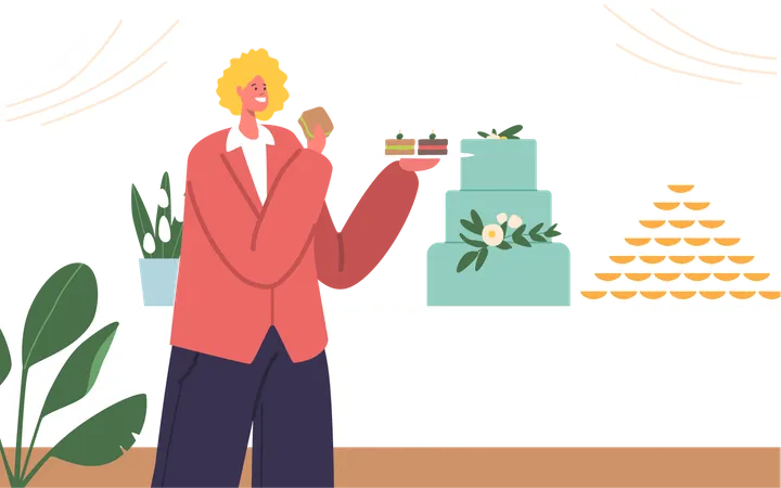 Joyous Guest Female Character Dressed In Elegant Attire Visiting Wedding Celebration Banquet With Delectable Cuisine And Drinks With Beautiful Decorations Music Cartoon People Vector Illustration Illustration