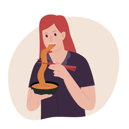 Female eating noodle Illustration