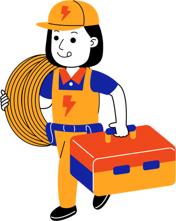 Female electrician carrying electric cable and tool box  イラスト