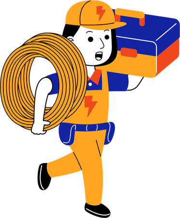 Female electrician carrying electric cable and tool box  Illustration