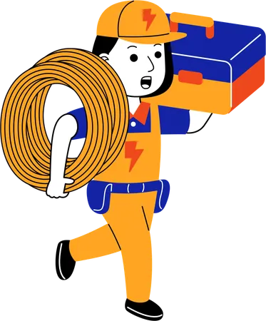 Female electrician carrying electric cable and tool box  Illustration