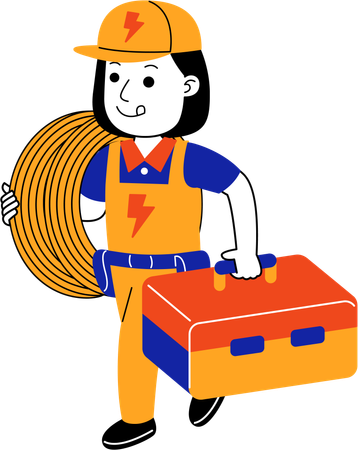 Female electrician carrying electric cable and tool box  Illustration