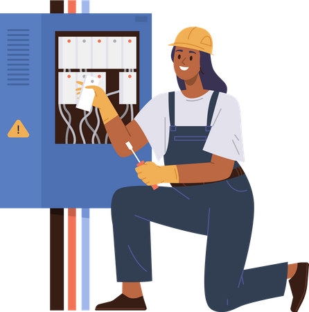 Female electrician checking junction power box repair  Illustration