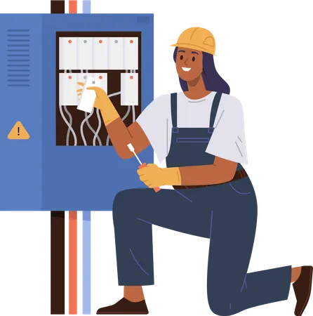 Female electrician checking junction power box repair  Illustration