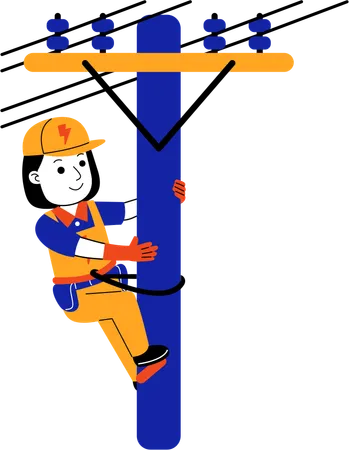 Female Electrician climbs electric pole  Illustration
