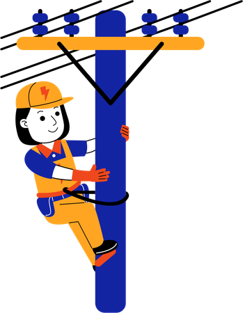 Female Electrician climbs electric pole  Illustration