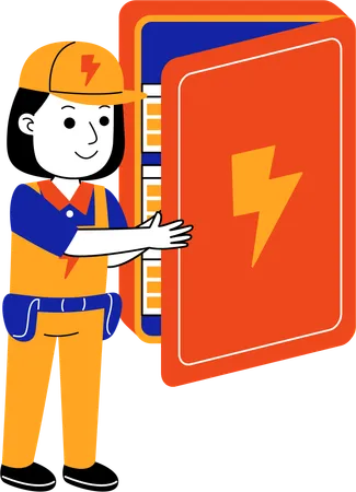 Female Electrician Repairing Electrical Box Illustration
